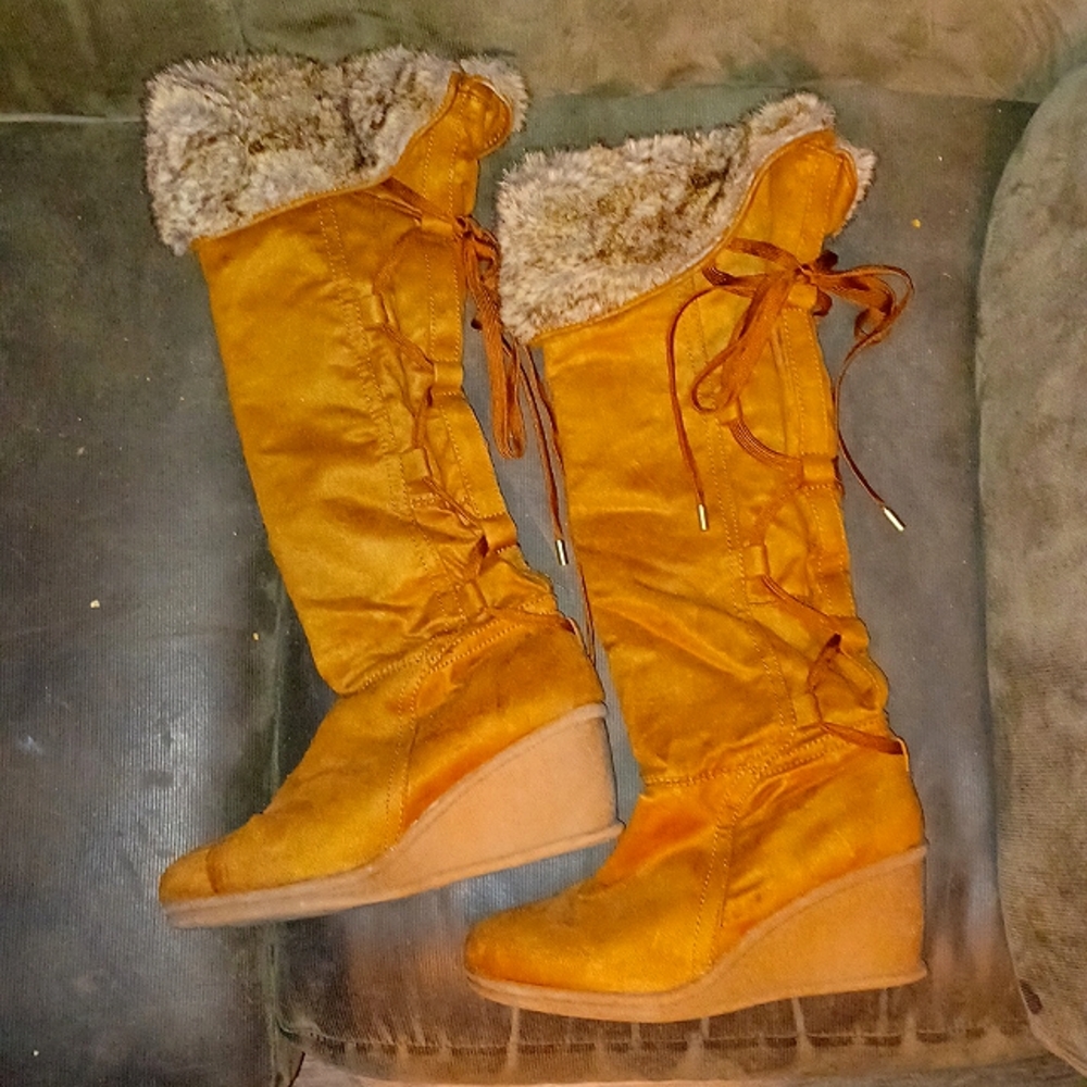 Brown Knee High Boots 10 faux fur cuffs wedge heel